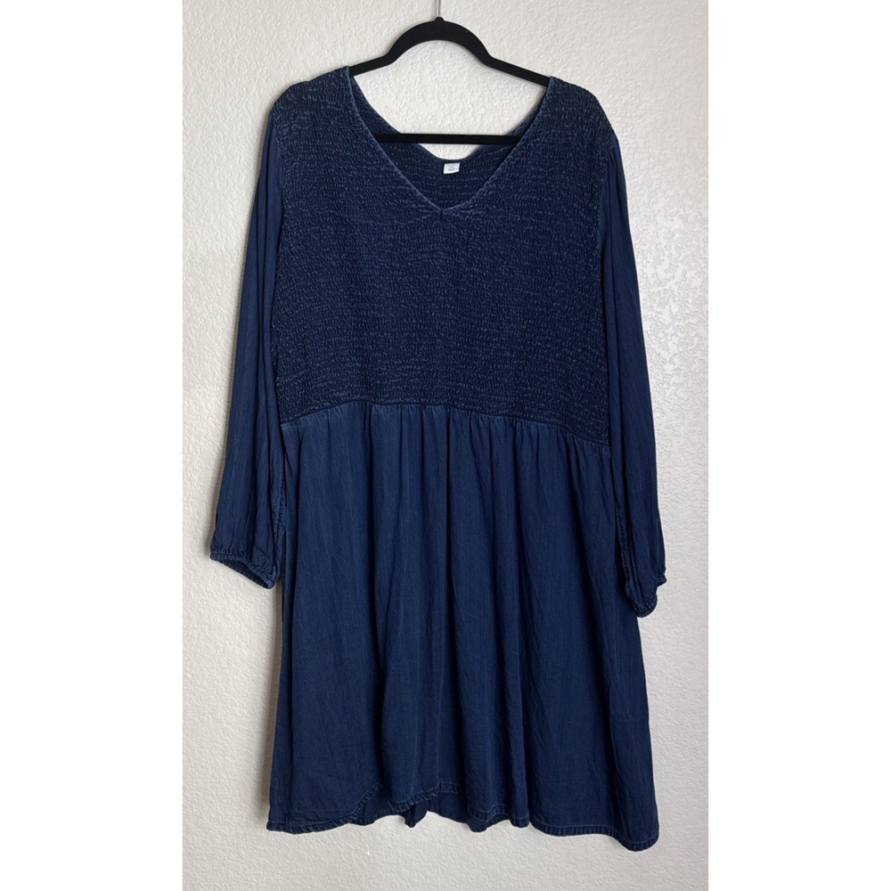 Old Navy Womens 2X Peasant Dress Blue Chambray Smocked Long Sleeve Preppy